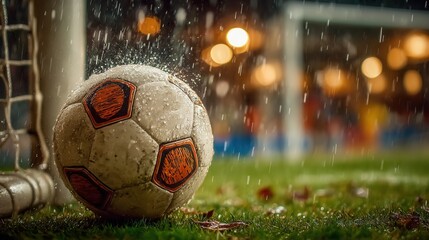 Soccer ball glistening in the rain near the goalpost at night, evoking determination and passion for the game, perfect for sports or motivational themes