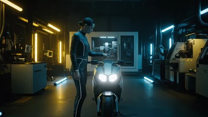 Woman in futuristic garage with motorcycle shows modern cyberpunk lifestyle this is a very cool and confident character this is a great advanced and sci-fi concept this is a great scene - Powered by Adobe