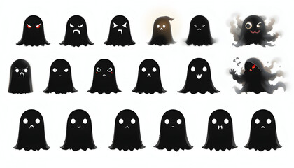 A collection of cute and spooky black ghosts with various expressions, isolated on white background, showcasing a range of emotions from anger to happiness in a cartoonish style, perfect for halloween