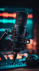 Professional Blue-Lit Condenser Microphone Setup for Studio Recording and Podcasting, Generative AI