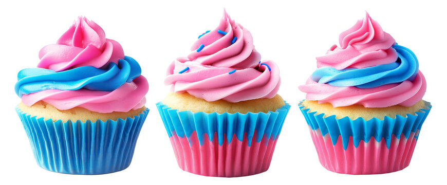 Sweet cupcake topped with pink and blue swirled frosting in wrapper, isolated on white transparent background, concept of dessert celebration