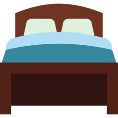 A simple dark brown wooden bed with light green pillows and a teal blue comforter is displayed against a transparent background representing bedroom furniture and sleep