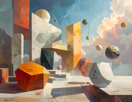Abstract composition of geometric shapes amidst celestial spheres