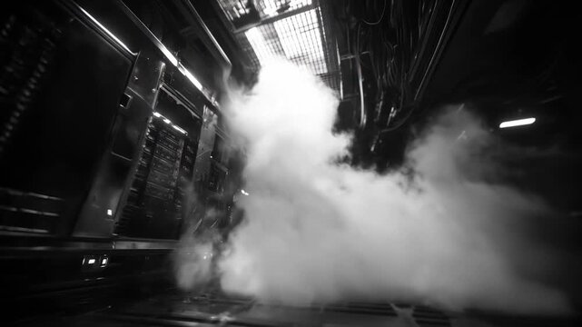 Data center ai training environment with cooling system releasing vapor and mist in high tech server room filled with racks and servers