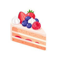 Fruit Layer Cake Slice with Cream and Fresh Berries Topping