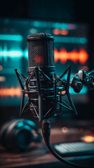 Cyan-Lit Premium Condenser Microphone Ready for Professional Recording or Podcast, Generative AI