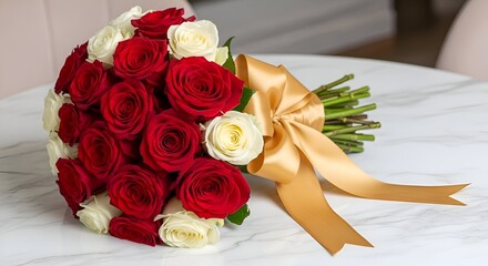Elegant Bouquet of Red and White Roses with Golden Ribbon.