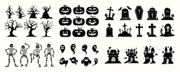 haunted tree jack o lantern grave gravyard skeleton ghots haunted house set collection pack bundle black shape icon silhouette vector flat illustration design on white background