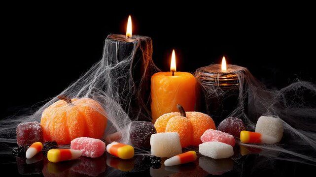 Halloween themed display features candles, candy corn, pumpkins, and cobwebs creating a spooky atmosphere perfect for the holiday