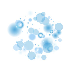 Abstract blue bubbles floating on a white background.