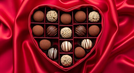 Heart-shaped box of chocolate truffles on red satin.