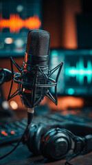 Teal Lit Premium Condenser Microphone and Headphones on a Professional Podcast or Music Recording Desk, Generative AI