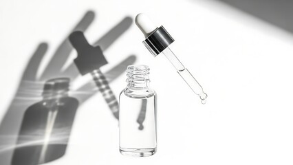 Cosmetic serum bottle with dropper shadow play on white surface health concept