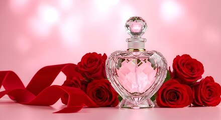 Heart-shaped Perfume Bottle with Red Roses and Ribbon.