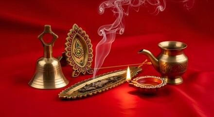 Hindu Puja Items with Incense Smoke on Red.