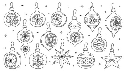 Сollection of different vintage Christmas toys, New Year icons, doodle outline illustrations. Coloring page.