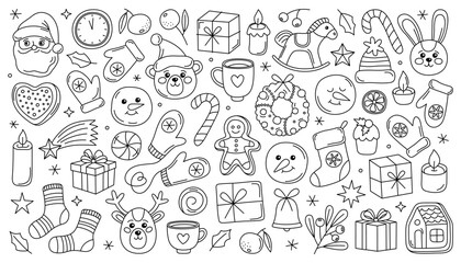 Сollection of Christmas and New Year icons, doodle outline illustrations. Santa, gifts, gingerbread, mittens, toys, candles, festive Christmas elements. Coloring page.