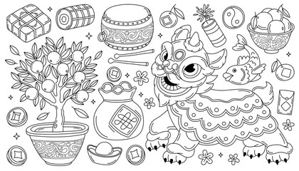 Collection of festive elements for Lunar New Year, Chinese New Year, Vietnamese Tet. Doodle outline illustrations, icons, coloring page. Lion or unicorn dance, tangerine tree, drum, flowers, food.