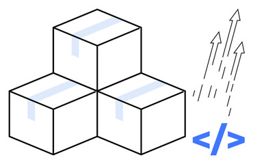 Three stacked boxes representing goods or logistics paired with upward arrows and coding brackets, symbolizing growth, technology, innovation, automation, e-commerce, and modern solutions in