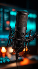 Professional Condenser Microphone Mounted Against Cyan and Orange Light, Generative AI