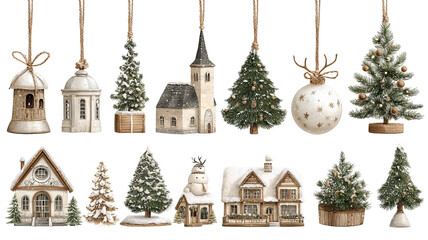 Christmas decoration set high resolution transparent PNG clipart bundle isolated on white for greeting cards stickers invitations print on demand and festive designs
