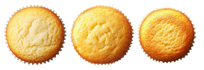 Golden vanilla cupcake in a paper liner, isolated on white transparent background, concept of homemade baking treat.