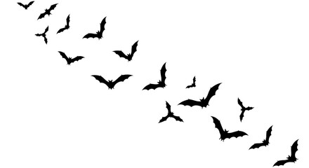 Swarm of Black Bat Silhouettes Flying Diagonally
