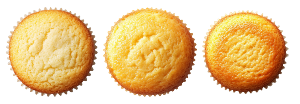 Golden vanilla cupcake in a paper liner, isolated on white transparent background, concept of homemade baking treat.