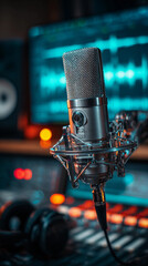 Robust Silver Condenser Microphone in a Professional Recording Studio with Cyan Lighting, Generative AI