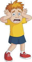 Shocked child cartoon, surprised kid illustration, emotional reaction, scared face, expressive boy, wide eyes, open mouth, colorful drawing, fear concept