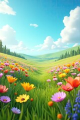 Obraz premium Majestic meadow scene featuring vibrant wildflowers in full bloom with varied colorful petals, lush green grass and rolling hills stretching toward the horizon under a bright blue sky with fluffy...