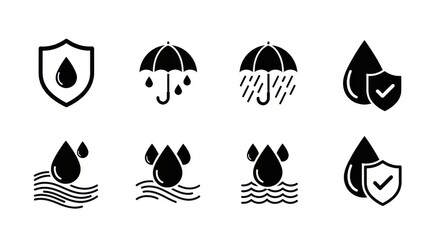 Set of black and white waterproof and water resistant icons with drops and shields