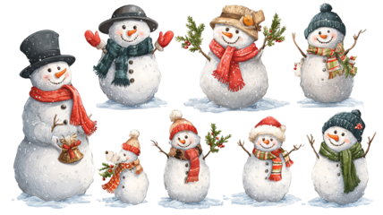 Snowman clipart set transparent PNG cutout high resolution Christmas and New Year decorations isolated on white for cards stickers invitations print on demand