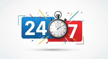 24 7 service availability with stopwatch symbol representing constant time and support