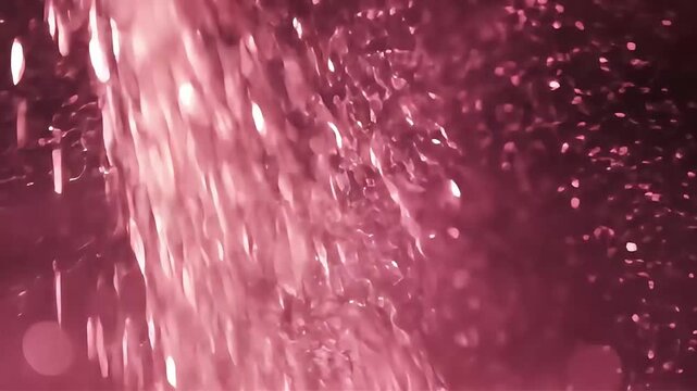 Dynamic stream of effervescent pink liquid with sparkling bubbles and bokeh lights, creating a festive and abstract background