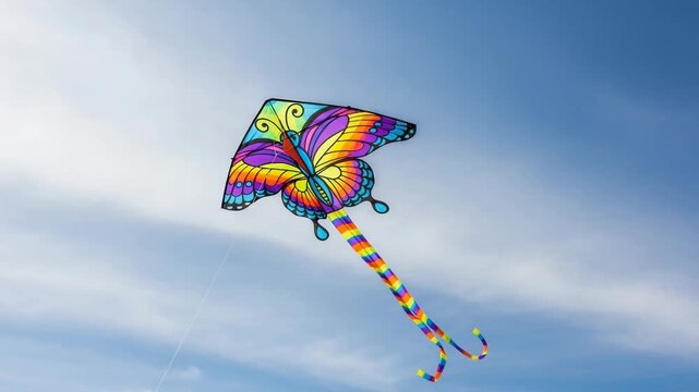 Colorful butterfly kite flying high in the clear blue sky