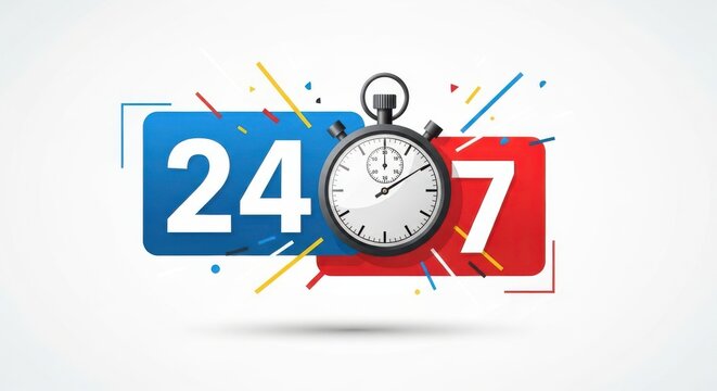 24 7 service availability with stopwatch symbol representing constant time and support