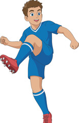 Young soccer player in blue uniform kicking ball, athletic action, youth sports, football training, dynamic movement, outdoor activity, competitive game