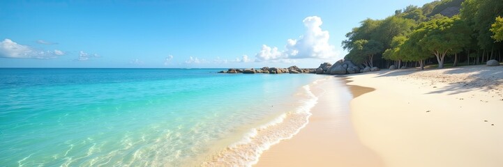 Obraz premium Breathtaking panoramic view showcases a tranquil beach scene with pristine turquoise waters gently lapping the sandy shore, complemented by lush green trees and a clear blue sky filled with fluffy...