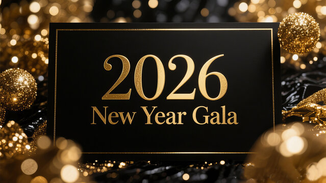 Elegant 2026 New Year Gala invitation design with shimmering gold accents and festive bokeh lights for a luxurious celebration