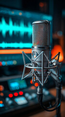 Robust Silver Condenser Microphone with Cyan Audio Waveform Display, Generative AI