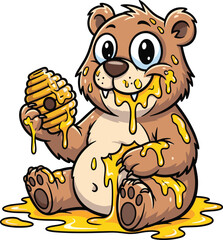 Cute cartoon bear eating honey — adorable baby bear illustration with dripping honeycomb, perfect for kids’ books, stickers, and logos