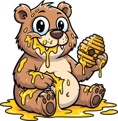 Cute cartoon bear eating honey, funny and happy animal illustration, adorable honey bear character perfect for kids and nature lovers