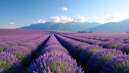 Obraz premium Blooming lavender field with rows of purple flowers stretching towards distant mountains under a clear blue sky with soft white clouds; 