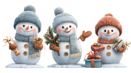 Snowman clipart set transparent PNG cutout high resolution Christmas and New Year decorations isolated on white for cards stickers invitations print on demand