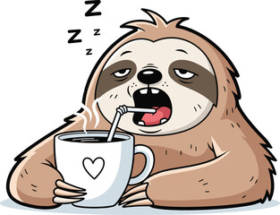 Funny sleepy sloth drinking coffee cartoon, cute lazy sloth illustration with mug, adorable tired animal art morning humor