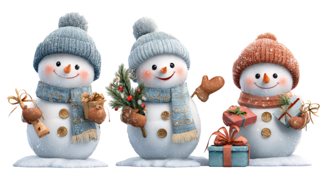 Snowman clipart set transparent PNG cutout high resolution Christmas and New Year decorations isolated on white for cards stickers invitations print on demand