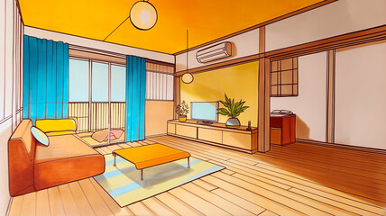 建築デザインを意識したスタイリッシュ空間のスケッチ素材｜室内・住宅・空間デザイン・レイアウト・建築パース風・家具・モダンスタイル・都会的な雰囲気