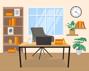 Fototapeta premium Home office work from home freelancer armchair desk laptop bookcase room plant window interior design