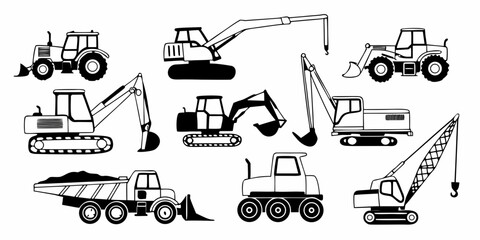 Illustration of various construction vehicles including excavators cranes and dump trucks in black and white